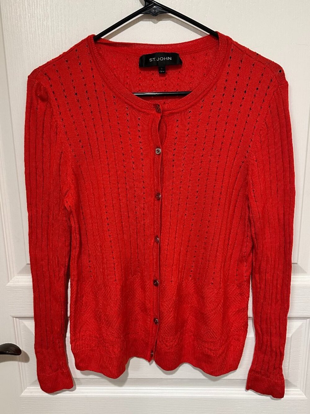 St. John Red Knit Pointelle Cardigan Pointelle – Size  L